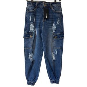 Fashion Nova Women’s Working Hard Cargo Denim Joggers-Medium